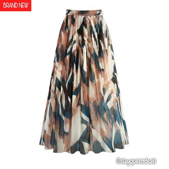 Women's Pleated Chiffon Skirt Elastic Waist A-Line Midi Length - Picture 2 of 8